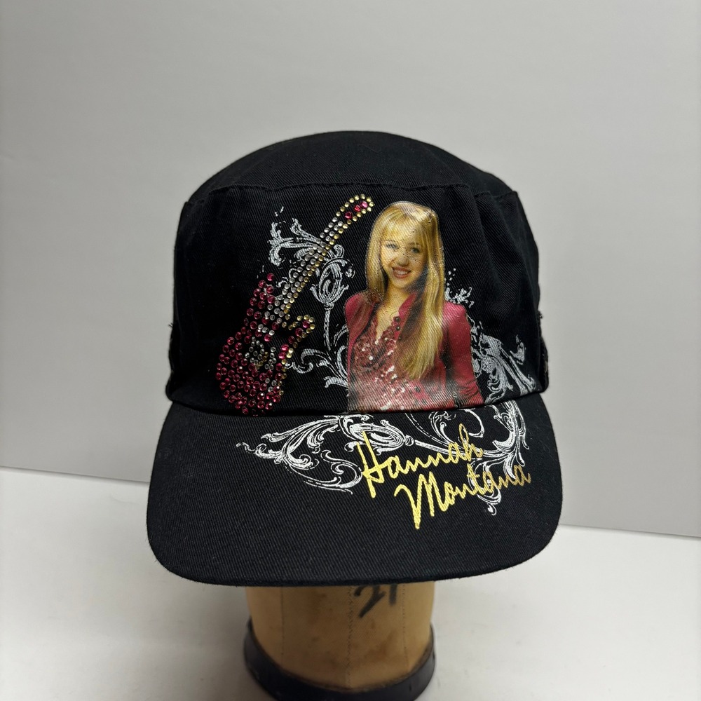 Vintage Hannah Montana Disney Girls Black Rhinestone Guitar Cadet Hat Y2K M/L